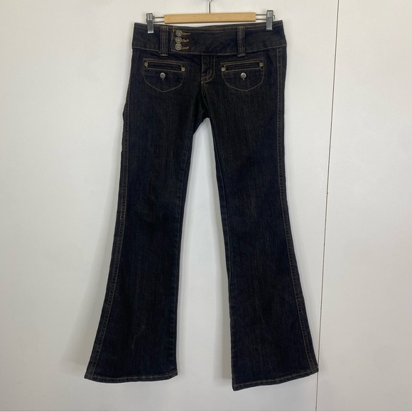 Vintage Y2k Streetwear Society Low Rise Pocket Front Dark Denim Jeans Size 7 - Picture 1 of 6